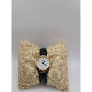Vintage Sharp Quartz Ladies Watch Gold Tone Black Leather Band